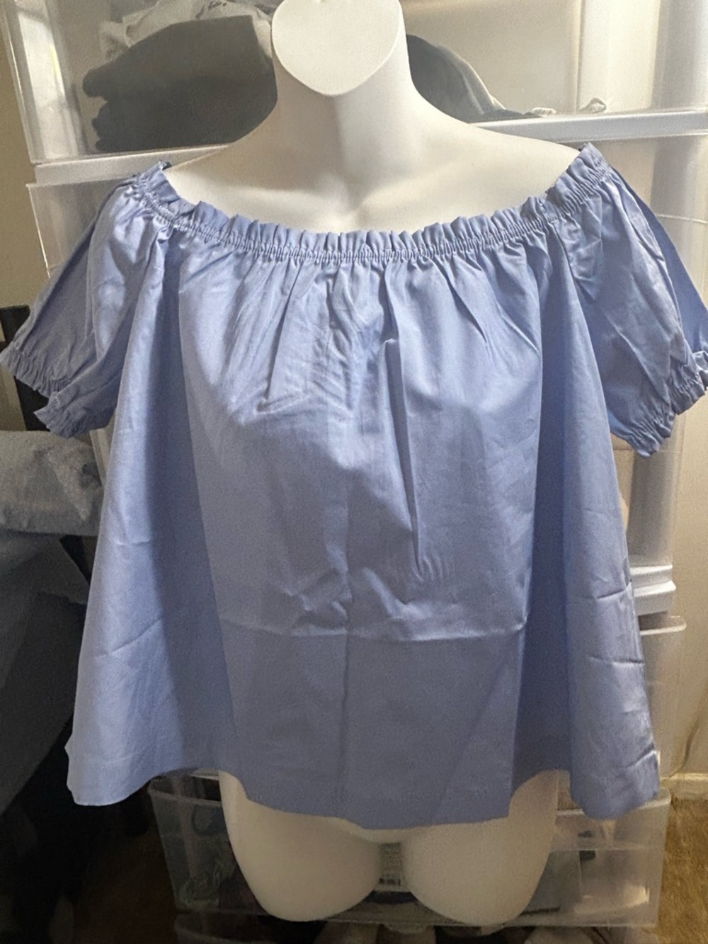 esmara Blue Off Shoulder Cotton Peasant Blouse NWT Flowy Puff Sleeve Top